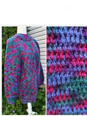 🇨🇦 Vintage 80s Multicolour Crochet Sweater Lightweight Relaxed Fit Handmade
